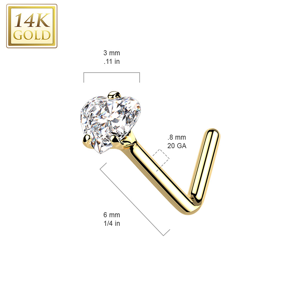 14Kt. Gold L Bend Nose Ring with Prong Set Heart CZ size chart