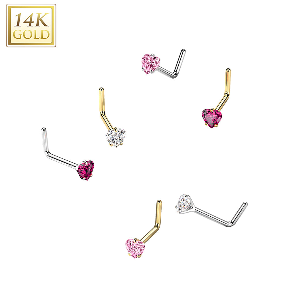 14Kt. Gold L Bend Nose Ring with Prong Set Heart CZ - all colors