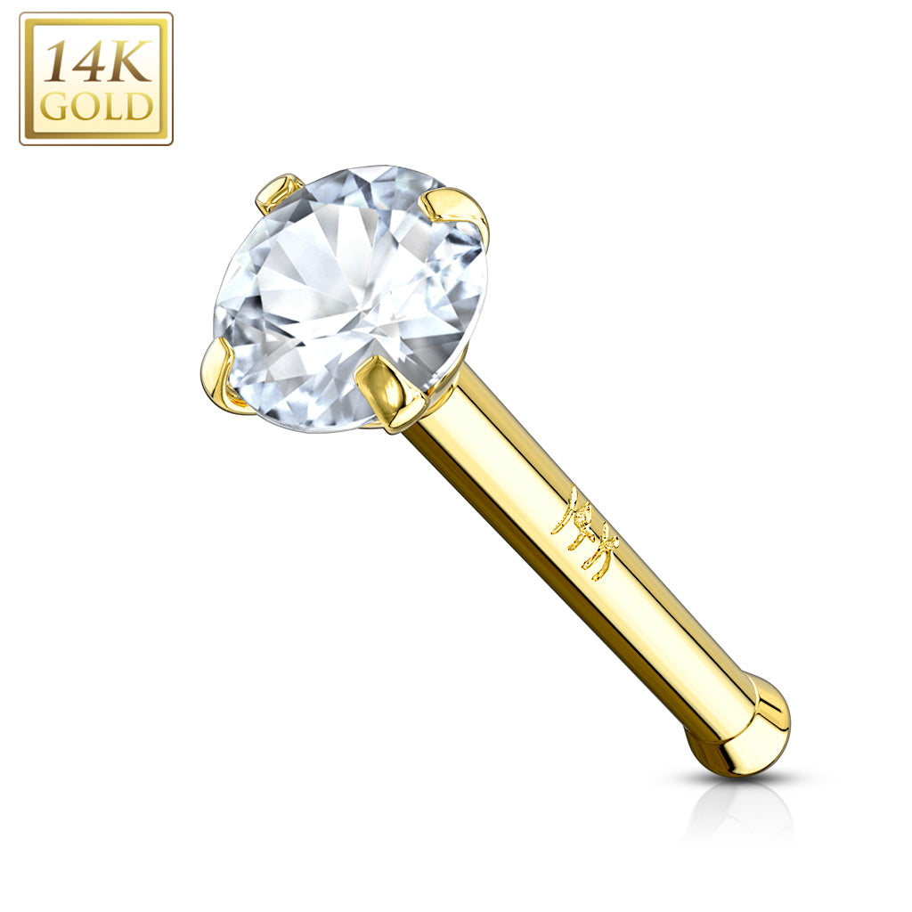 14K Solid Gold Prong Set CZ Nose Stud Ring - Yellow Gold/Clear