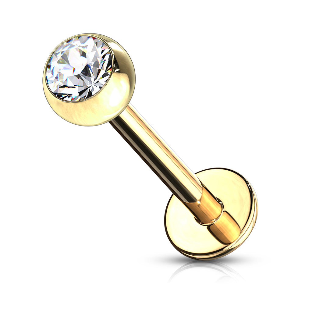 Gold Plated Over 316L Surgical Steel Labret Studs With Press Fit Jeweled Ball - Clear