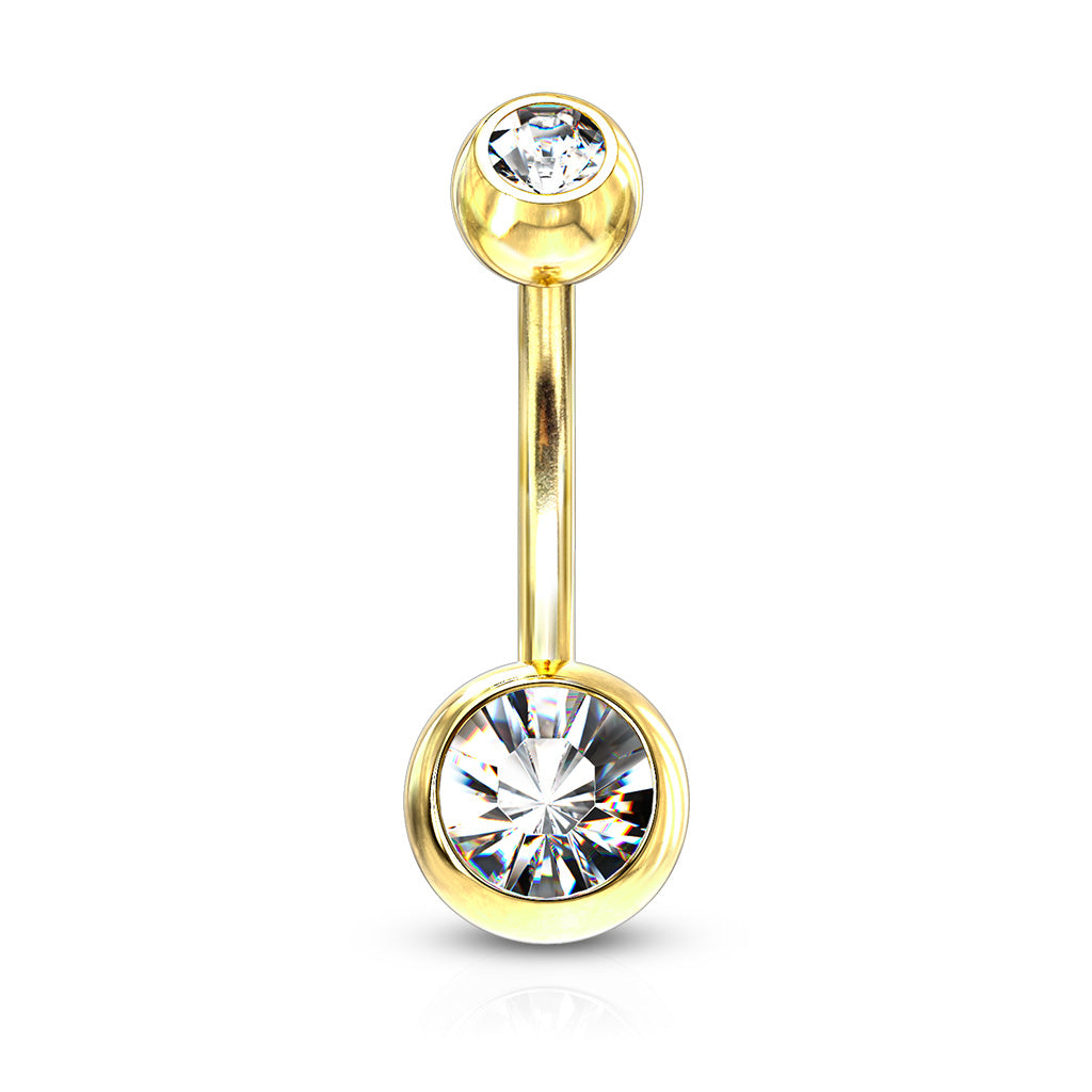 Double Press Fit Jeweled Gold IP over 316L Surgical Steel Belly Button Rings - Clear