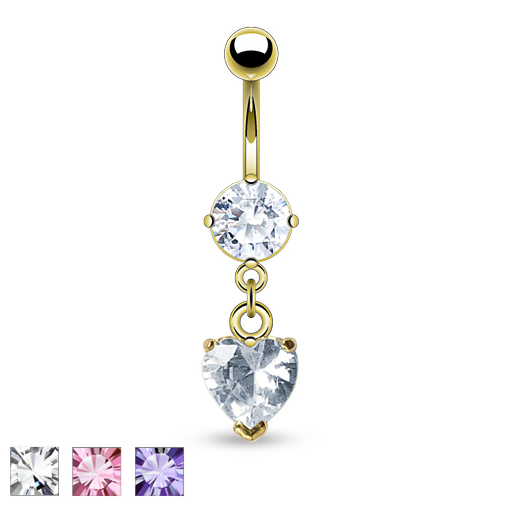 316L Surgical Steel Heart Shaped CZ Belly Button Ring - all colors