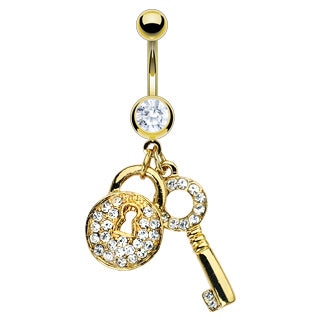 316L Surgical Steel Lock And Key Gold Plated Gem Pave Dangle Belly Button Ring