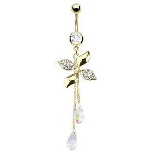 316L Surgical Steel Paved CZ Flower Swirl With Chandelier Dangle Belly Ring