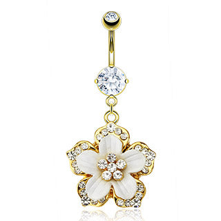 316L Surgical Steel CZ Paved Hawaiian Flower With White Epoxy Dangle Belly Ring