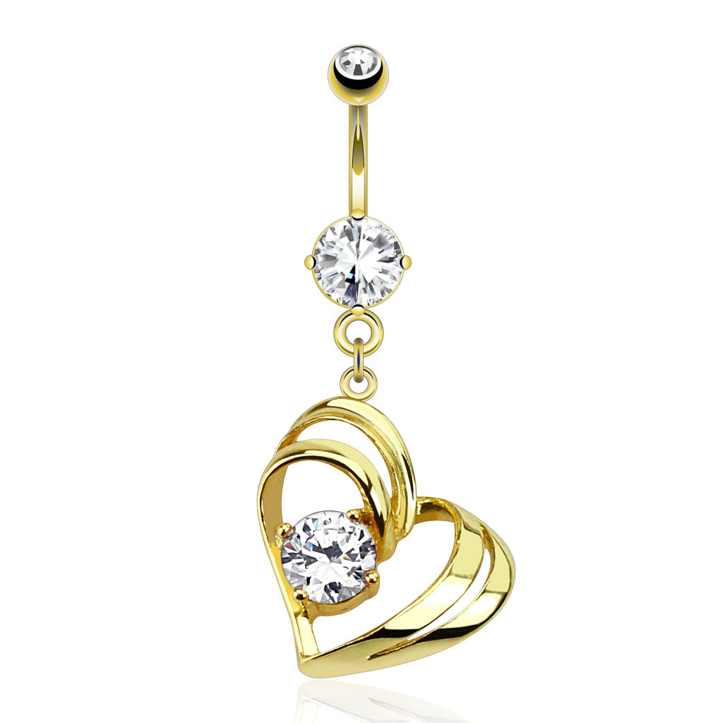 316L Surgical Steel Single Pronged Gem In Hollow Heart Dangle Belly Button Ring - Clear