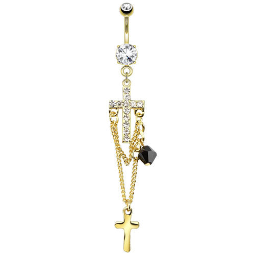 316L Surgical Steel Paved Cross With Chains And Bead Dangle Belly Ring