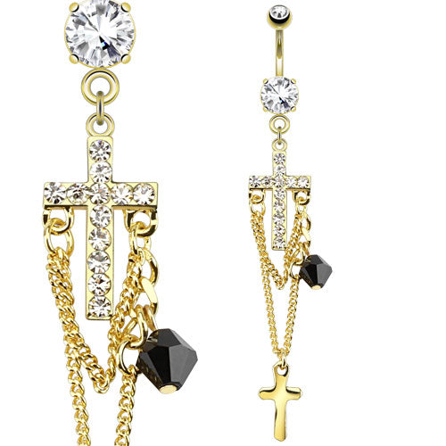 316L Surgical Steel Paved Cross With Chains And Bead Dangle Belly Ring