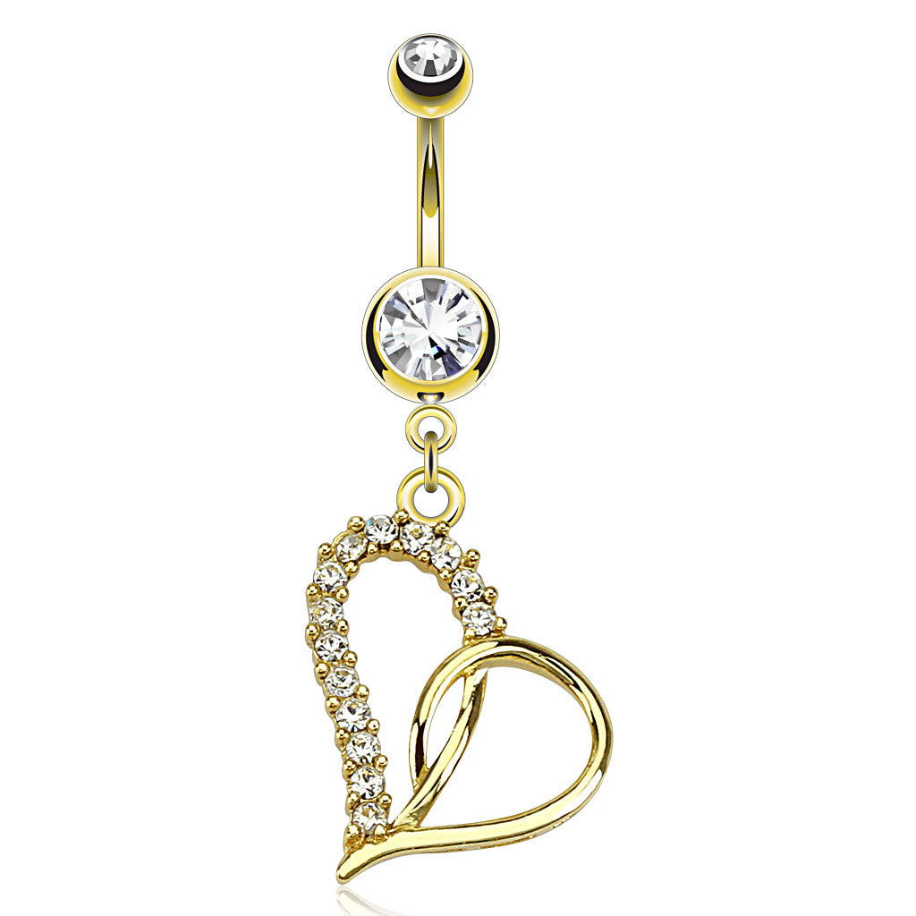 316L Surgical Steel Loop Heart Multi Paved Gem Dangle Belly Button Ring - Clear