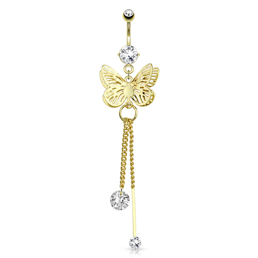 316L Surgical Steel Butterfly Wings Overlapped and CZ Attached to Chain Dangle Belly Button Ring - all colors