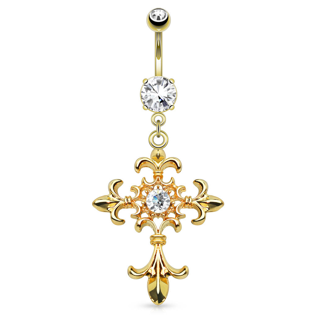 316L Surgical Steel Fleur De Lis Cross With Centered Gem Dangle Belly Button Ring - all colors