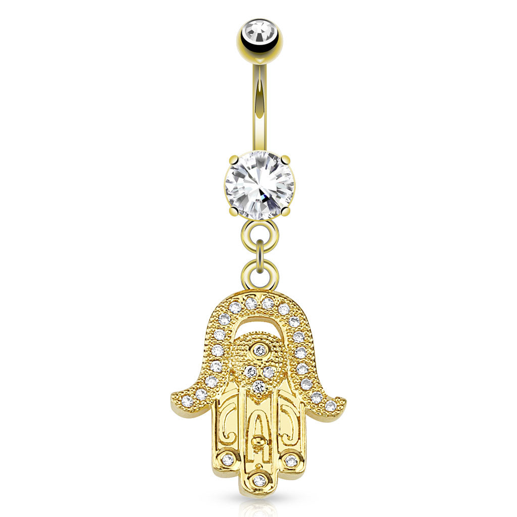 316L Surgical Steel Hamsa CZ Paved Dangle Belly Button Ring - all colors