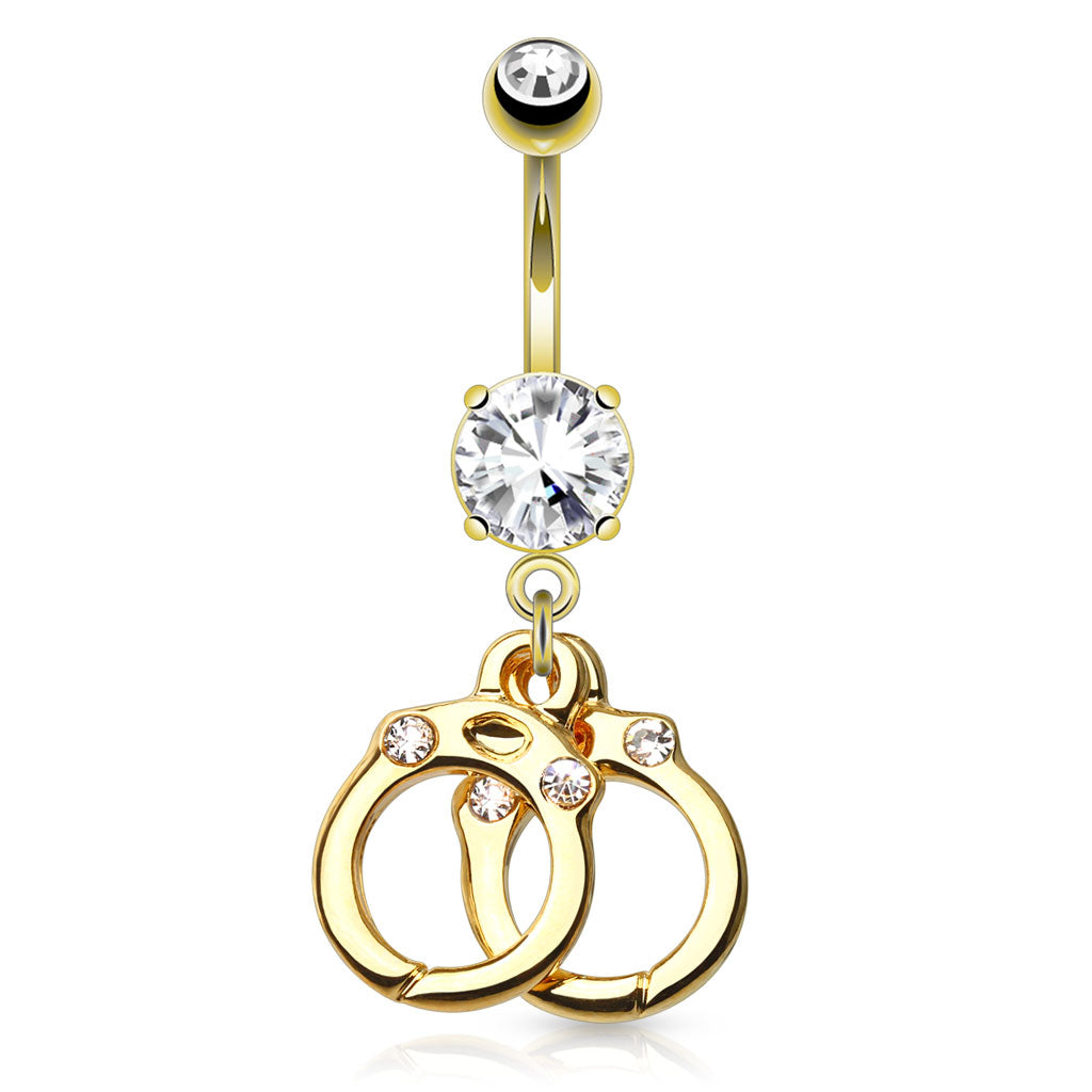 316L Surgical Steel Hand Cuffs With 14kt Gold Plated Dangle Belly Button Ring - all colors