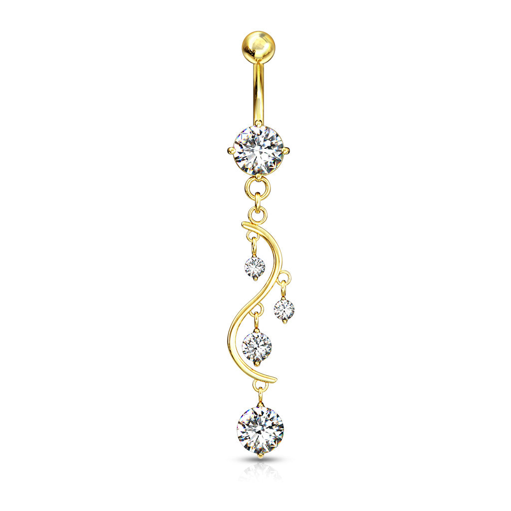 316L Surgical Steel Solitare Round CZ/CZ Vine Dangle Belly Button Ring - Clear