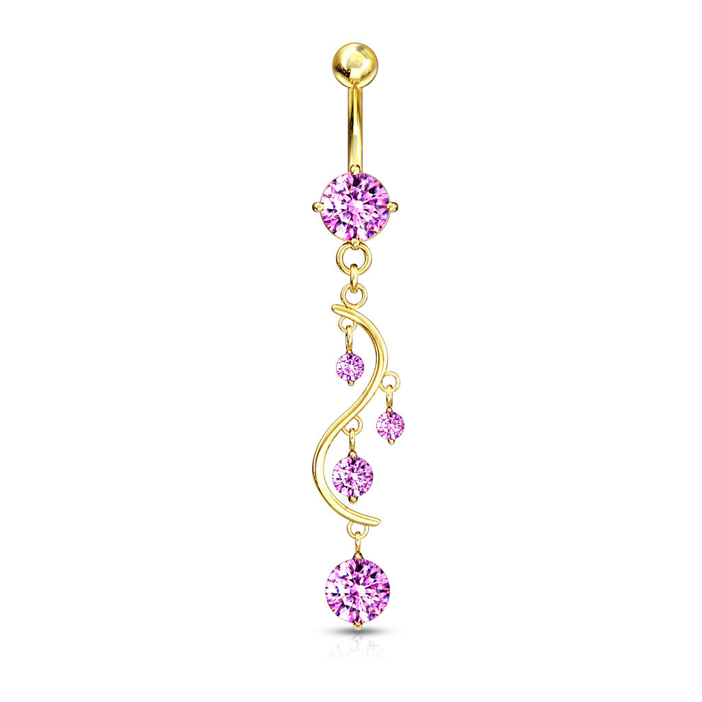 316L Surgical Steel Solitare Round CZ/CZ Vine Dangle Belly Button Ring - Pink
