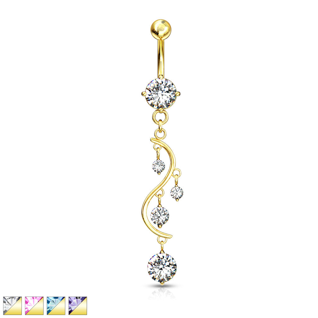 316L Surgical Steel Solitare Round CZ/CZ Vine Dangle Belly Button Ring - all colors