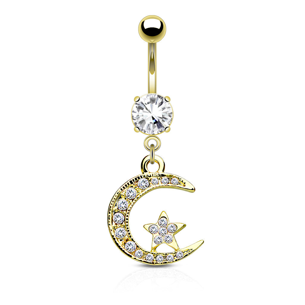 316L Surgical Steel Moon & Star CZ Belly Button Ring - all colors