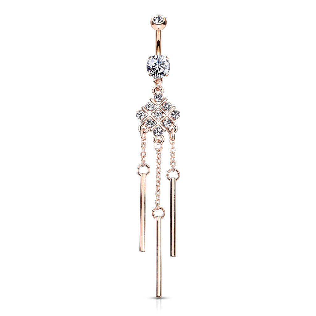 316L Surgical Steel Hash Square With Paved Gems and Dangle Bars Belly Button Ring - all colors