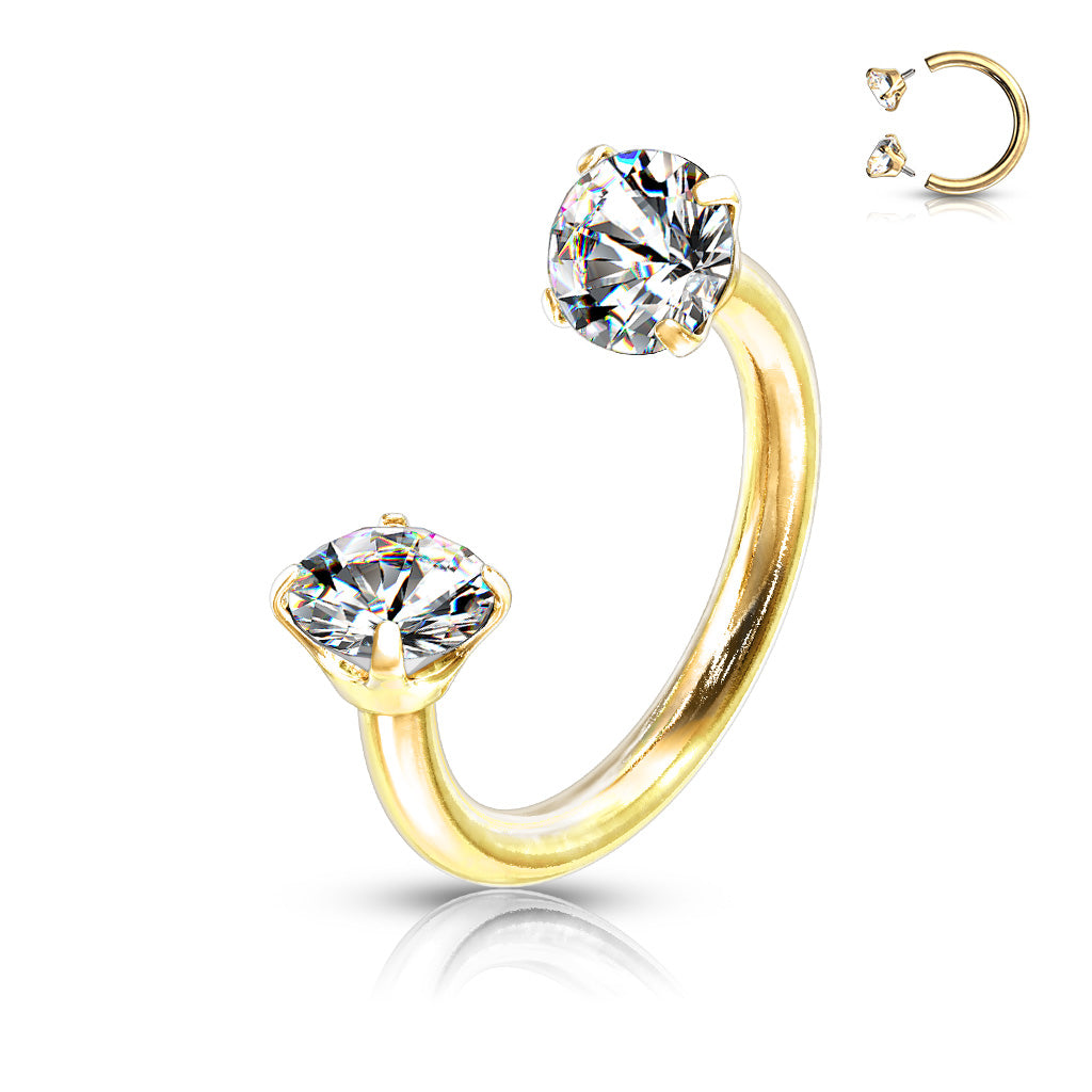 Prong Set Round CZ Internally Threaded 316L Surgical Steel Circular Barbell/Horseshoe - Gold/Clear