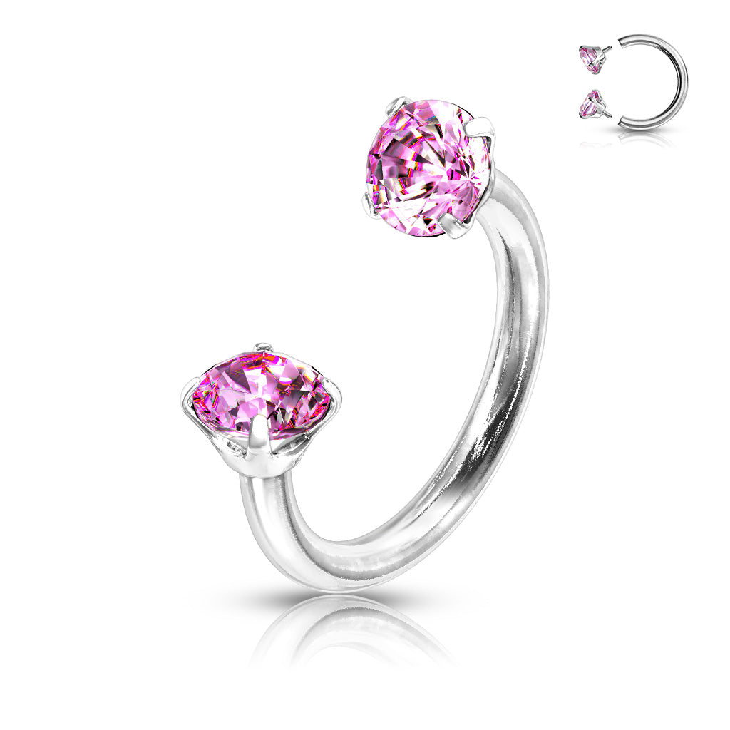 Prong Set Round CZ Internally Threaded 316L Surgical Steel Circular Barbell/Horseshoe - Pink