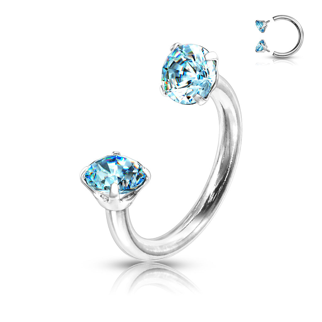 Prong Set Round CZ Internally Threaded 316L Surgical Steel Circular Barbell/Horseshoe - Aqua