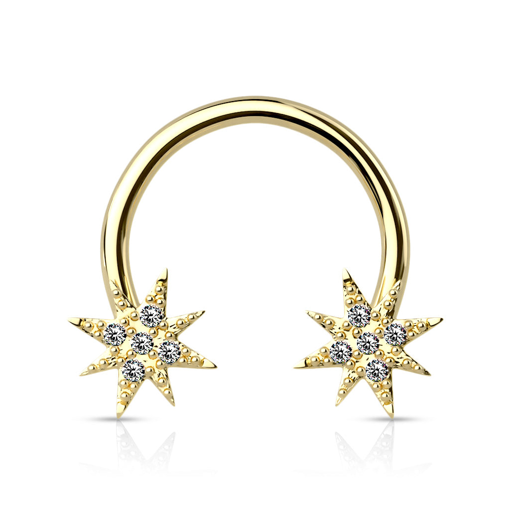 Crystal Paved Starburst Ends 316L Surgical Steel Circular Barbell/Horseshoe - Gold/Clear
