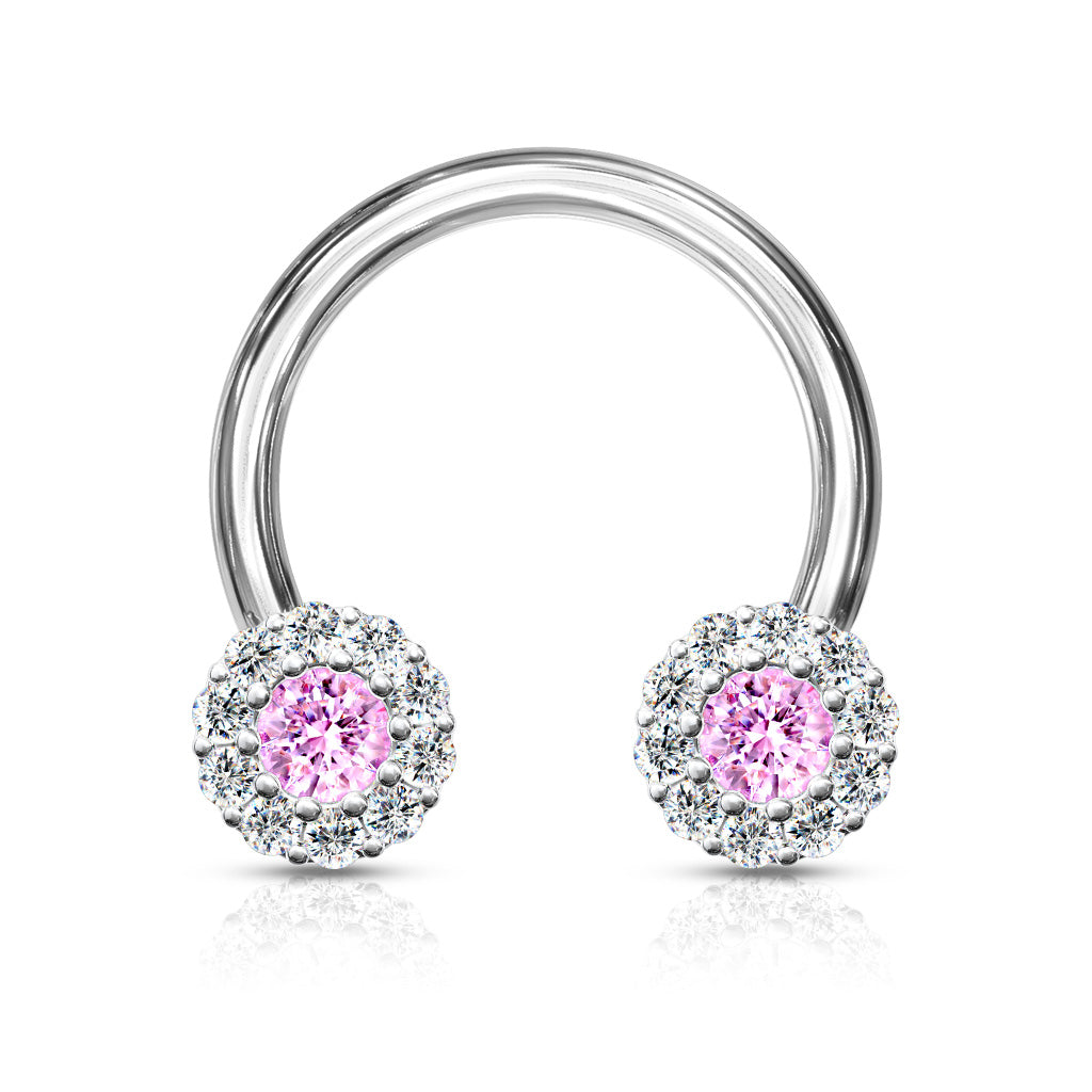 Paved CZ Daisy Ends 316L Surgical Steel Circular Horseshoe - Clear/Pink