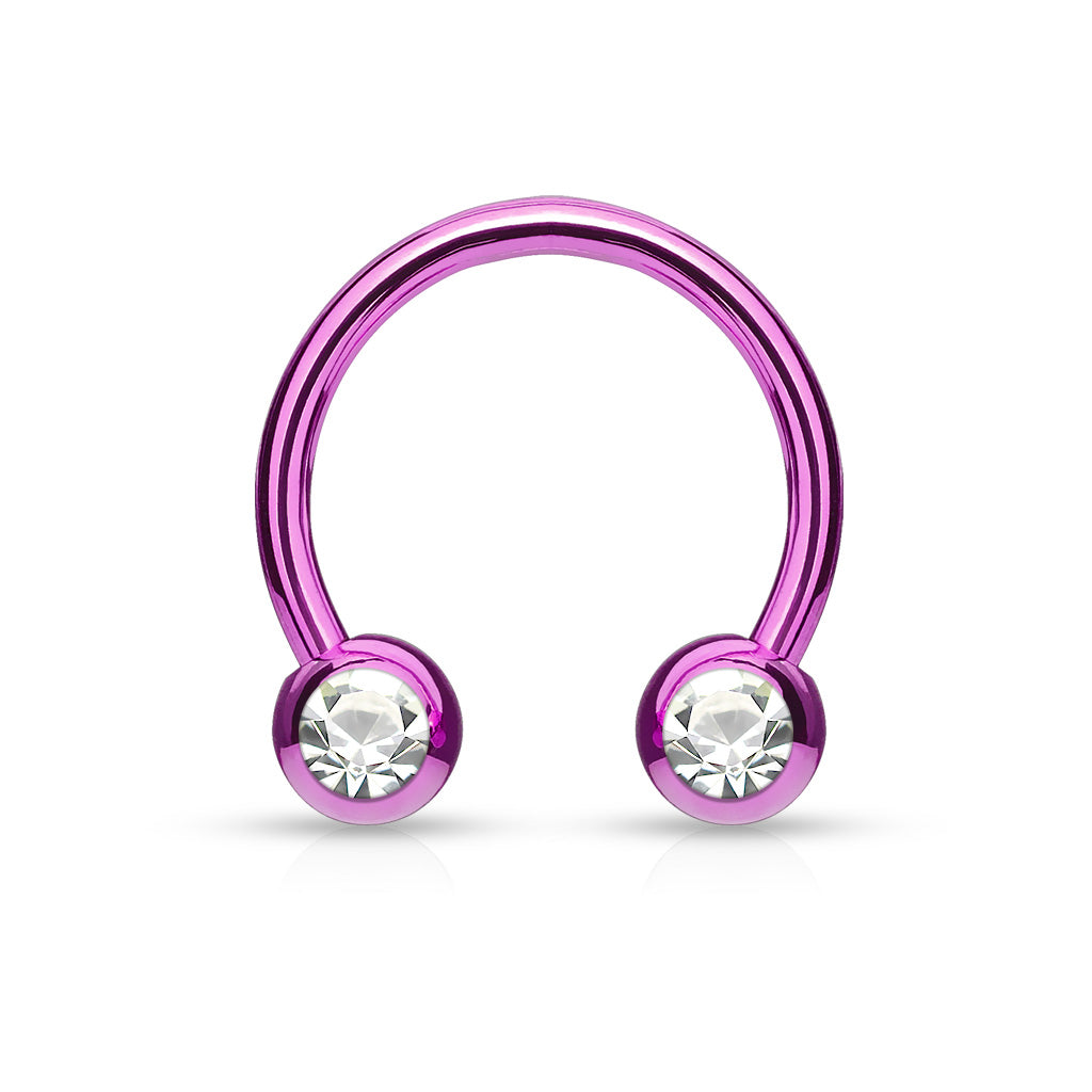 Front Facing Jewel Set Balls IP Over 316L Surgical Steel Circular/Horseshoes For Nipple, Septum and Ear Cartilage Piercings - Purple/Clear