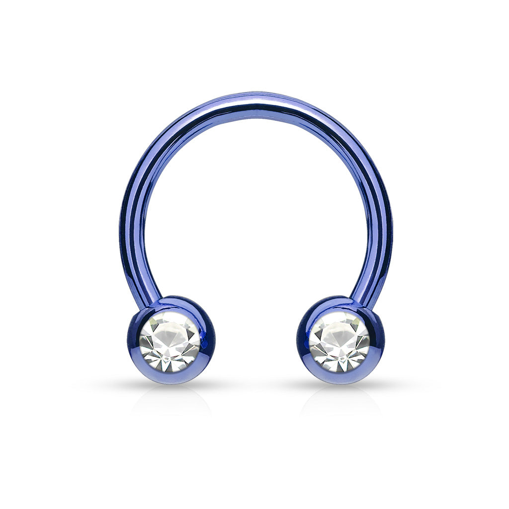 Front Facing Jewel Set Balls IP Over 316L Surgical Steel Circular/Horseshoes For Nipple, Septum and Ear Cartilage Piercings - Blue/Clear