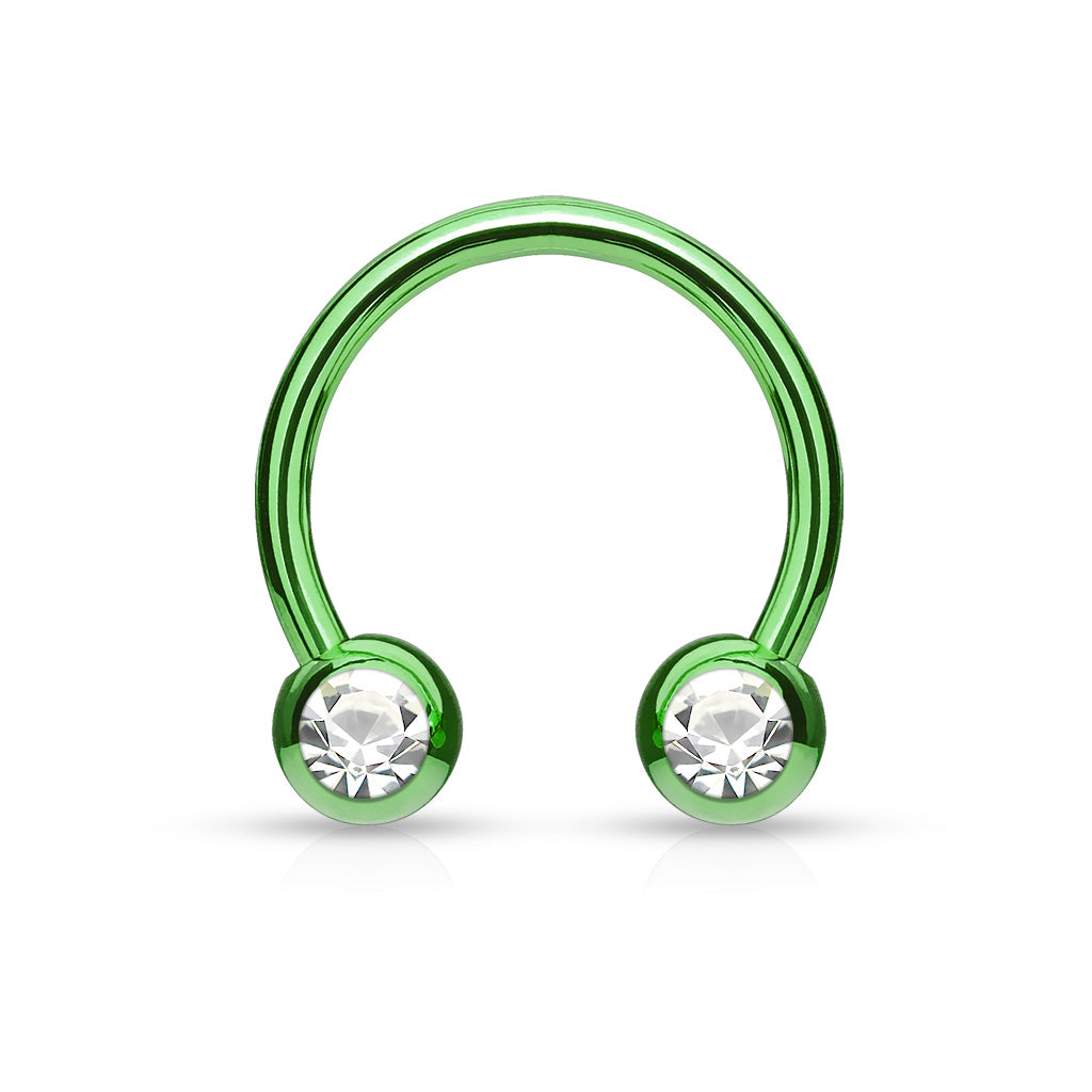 Front Facing Jewel Set Balls IP Over 316L Surgical Steel Circular/Horseshoes For Nipple, Septum and Ear Cartilage Piercings - Green/Clear