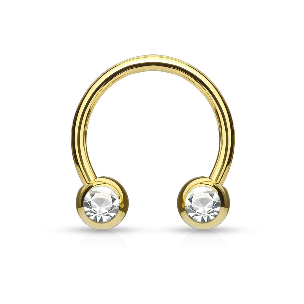 Front Facing Jewel Set Balls IP Over 316L Surgical Steel Circular/Horseshoes For Nipple, Septum and Ear Cartilage Piercings - Gold/Clear