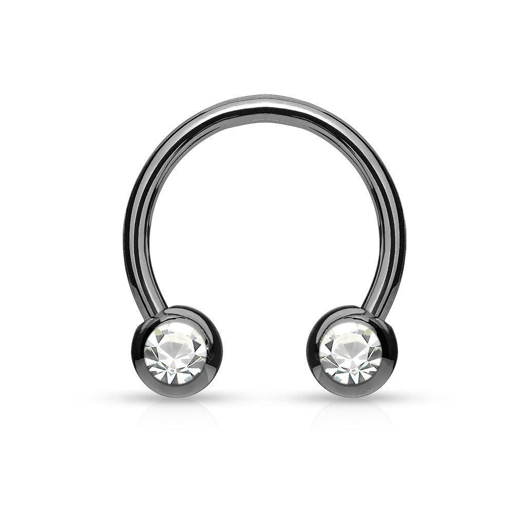 Front Facing Jewel Set Balls IP Over 316L Surgical Steel Circular/Horseshoes For Nipple, Septum and Ear Cartilage Piercings - Black/Clear