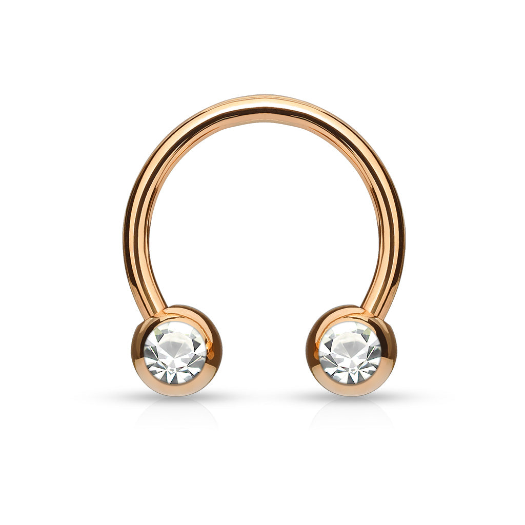 Front Facing Jewel Set Balls IP Over 316L Surgical Steel Circular/Horseshoes For Nipple, Septum and Ear Cartilage Piercings - Rose Gold/Clear