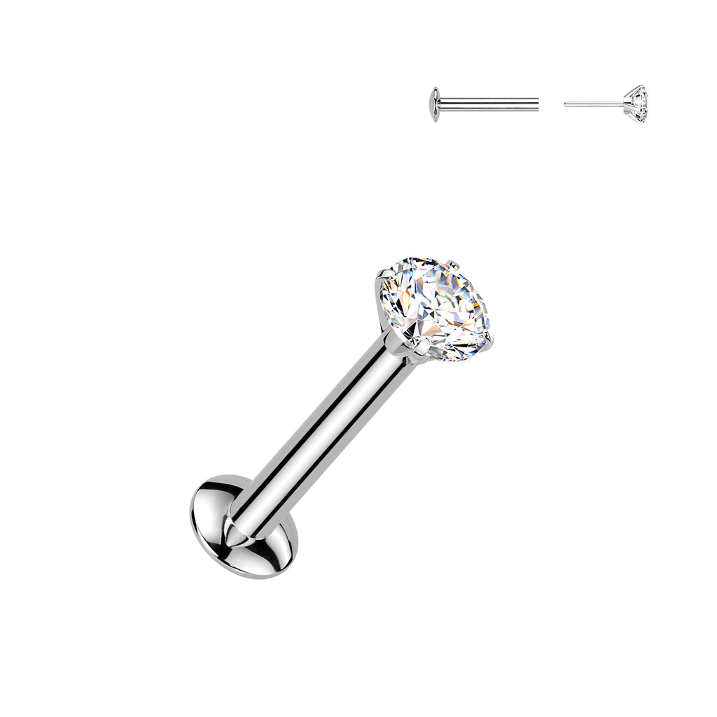 Push In Prong Set CZ Top 316L Surgical Steel Threadless Labret, Monroe, Flat Back Stud - Clear