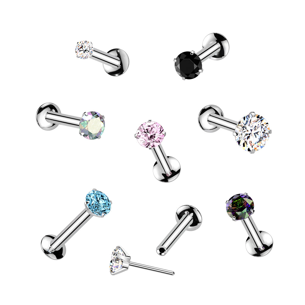 Push In Prong Set CZ Top 316L Surgical Steel Threadless Labret, Monroe, Flat Back Stud - all colors