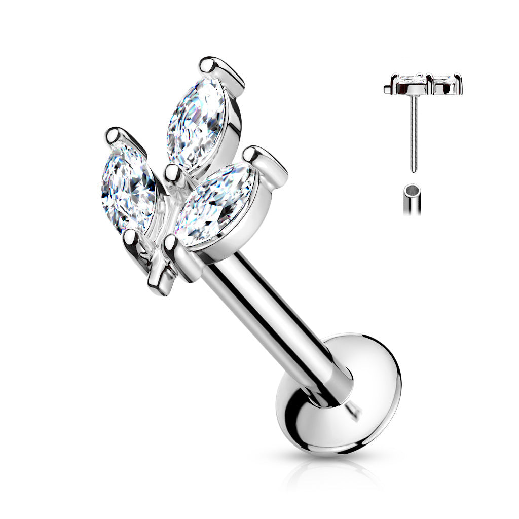 3 Marquise CZ Prong Set Threadless Top 316L Surgical Steel Push in Style Labret, Flat Back Studs - Clear