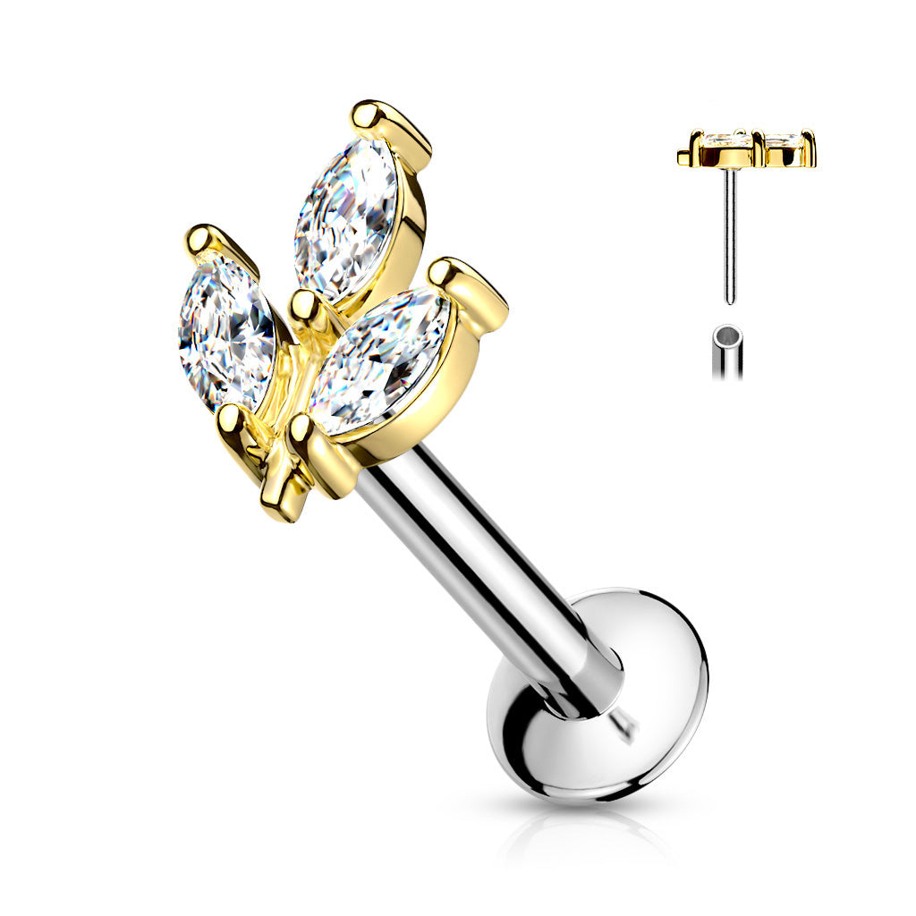 3 Marquise CZ Prong Set Threadless Top 316L Surgical Steel Push in Style Labret, Flat Back Studs - Gold/Clear