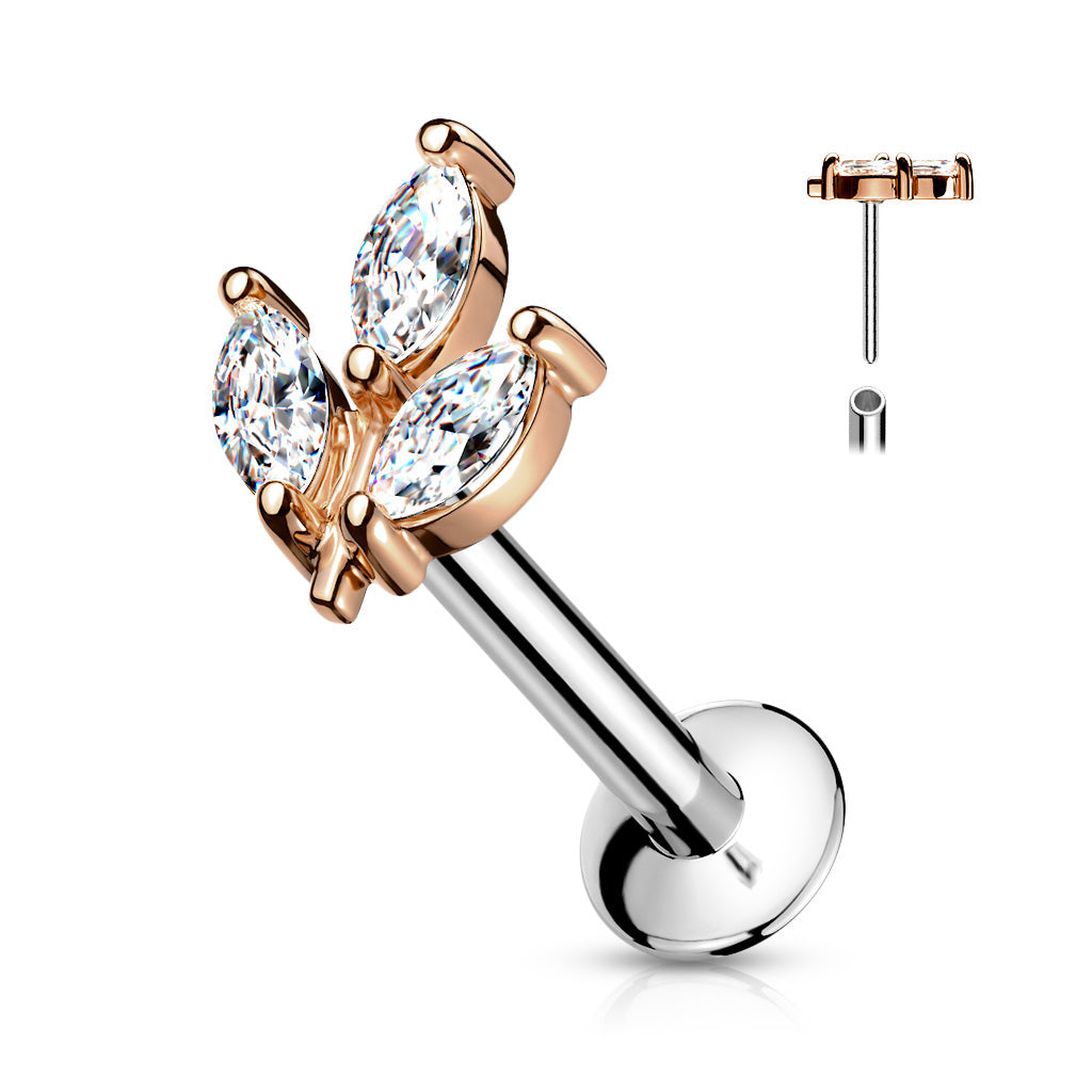3 Marquise CZ Prong Set Threadless Top 316L Surgical Steel Push in Style Labret, Flat Back Studs - Rose Gold/Clear