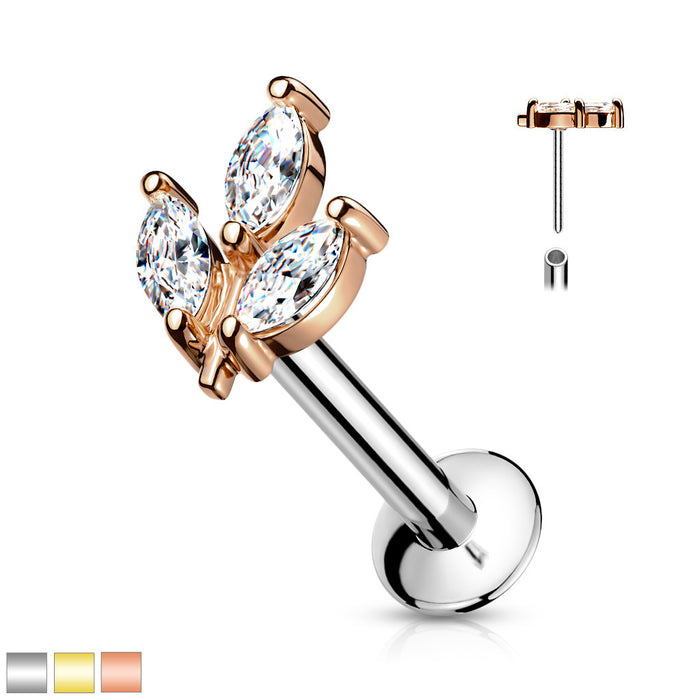 3 Marquise CZ Threadless Push In Top 316L Surgical Steel Labret Flat Back Stud