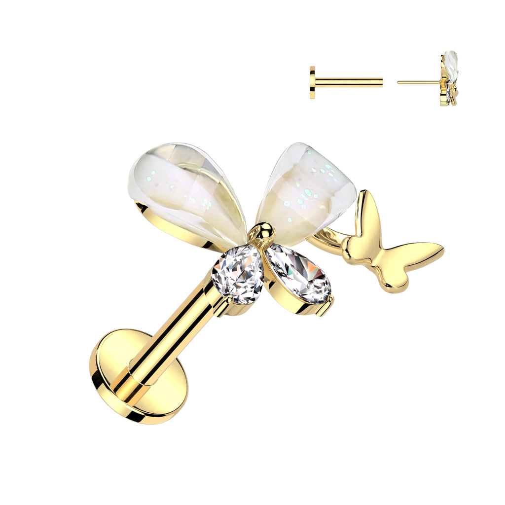 316L Surgical Steel Threadless Push In Labret With CZ Butterfly Top - Gold/Clear