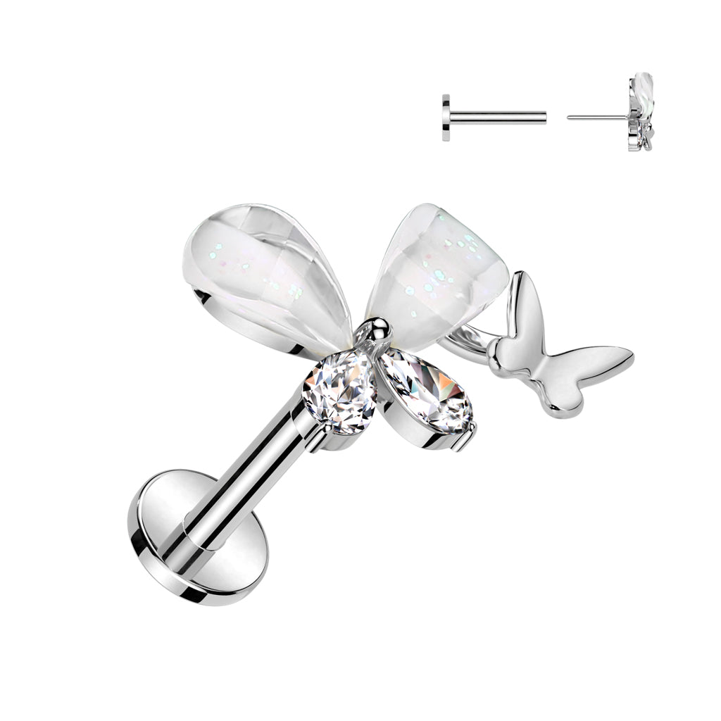 316L Surgical Steel Threadless Push In Labret With CZ Butterfly Top - Steel/Clear