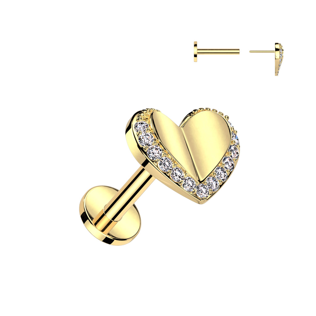 316L Surgical Steel Threadless Push In Labret With Heart and Pave CZ Edge Top - Gold/Clear