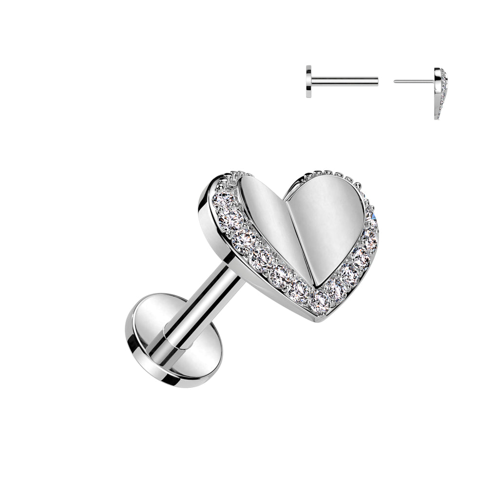 316L Surgical Steel Threadless Push In Labret With Heart and Pave CZ Edge Top - Steel/Clear