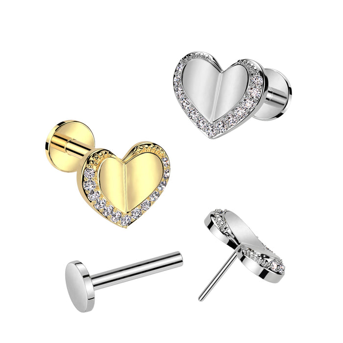 316L Surgical Steel Threadless Push in Labret With Heart And Pave CZ Edge Top