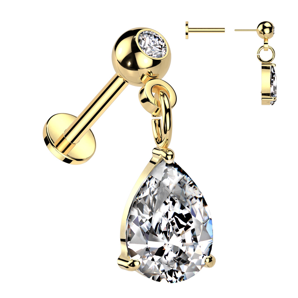 316L Surgical Steel Threadless Push In Labret Pressed Fit CZ Top With Pear CZ Dangle - Gold/Clear