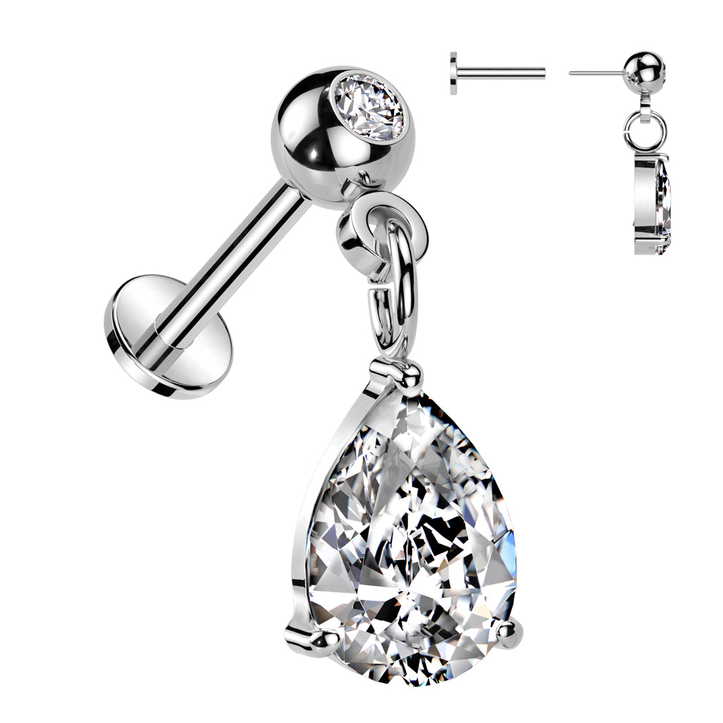 316L Surgical Steel Threadless Push In Labret Pressed Fit CZ Top With Pear CZ Dangle - Steel/Clear