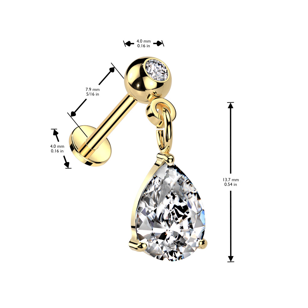 316L Surgical Steel Threadless Push In Labret Pressed Fit CZ Top With Pear CZ Dangle size chart