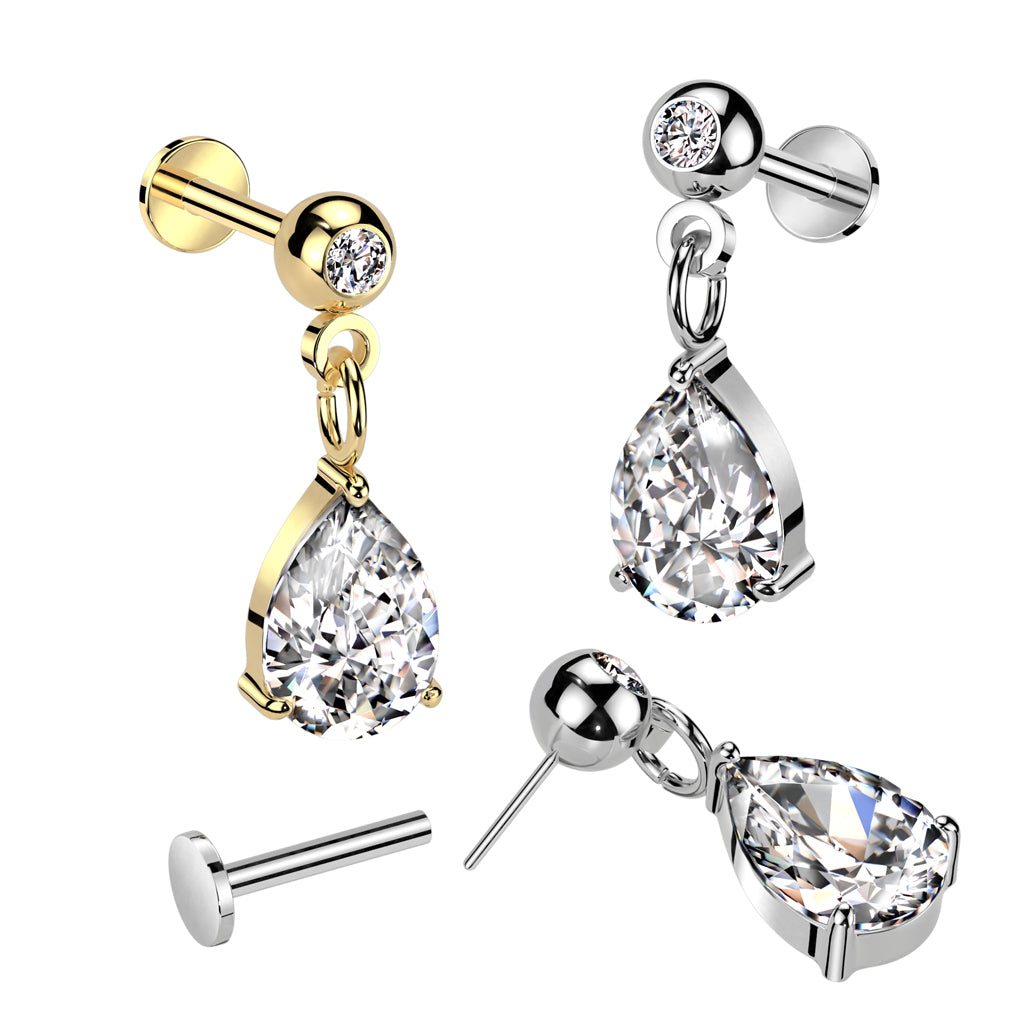316L Surgical Steel Threadless Push In Labret Pressed Fit CZ Top With Pear CZ Dangle - all colors
