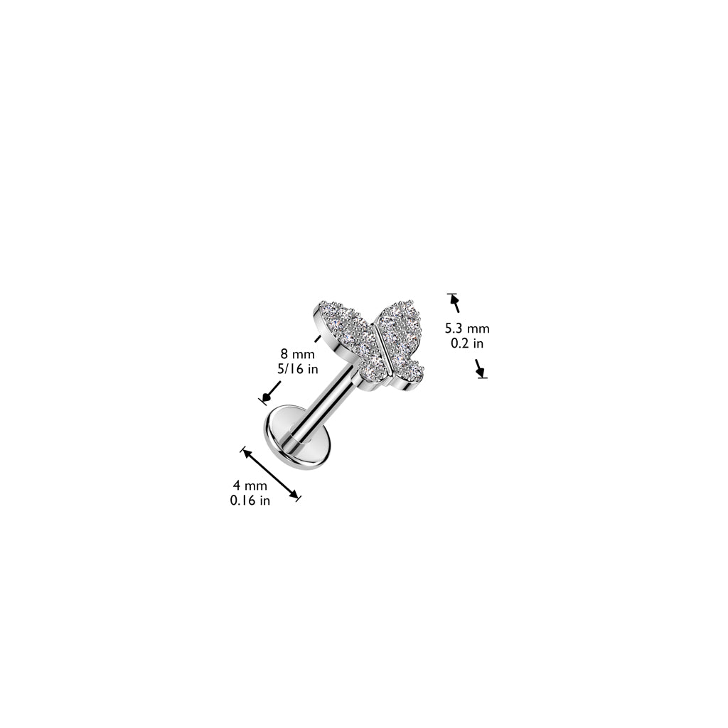 316L Surgical Steel Threadless Push In Flat Back Stud With CZ Butterfly Top size chart