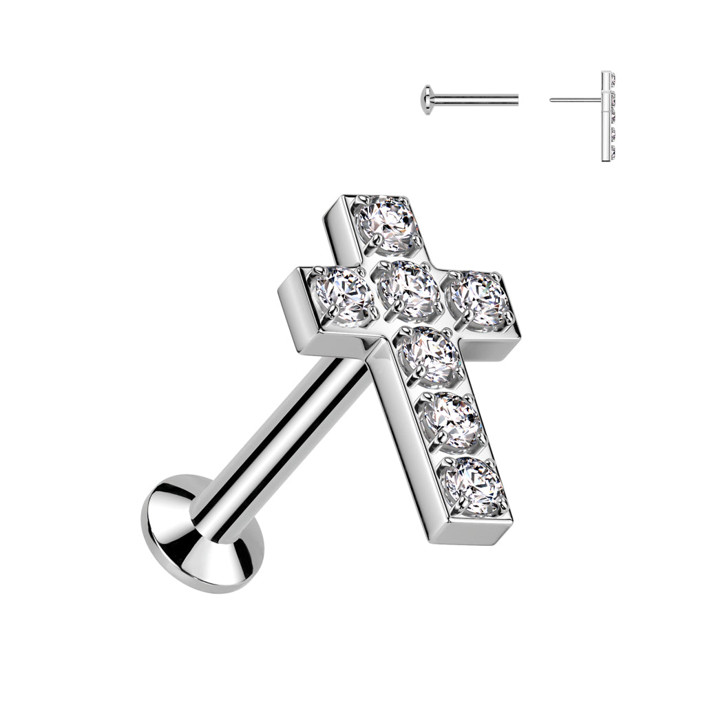 All 316L Surgical Steel Threadless Push In Labret With Convex Back and 7 CNC Set CZ Cross Top - Clear